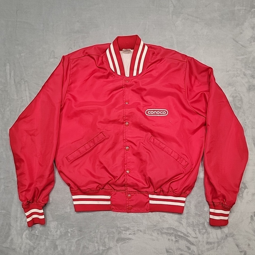 Vintage Unitog Bomber Jacket Mens Large Red Conoco Patch Gas Oil Made In USA 70s